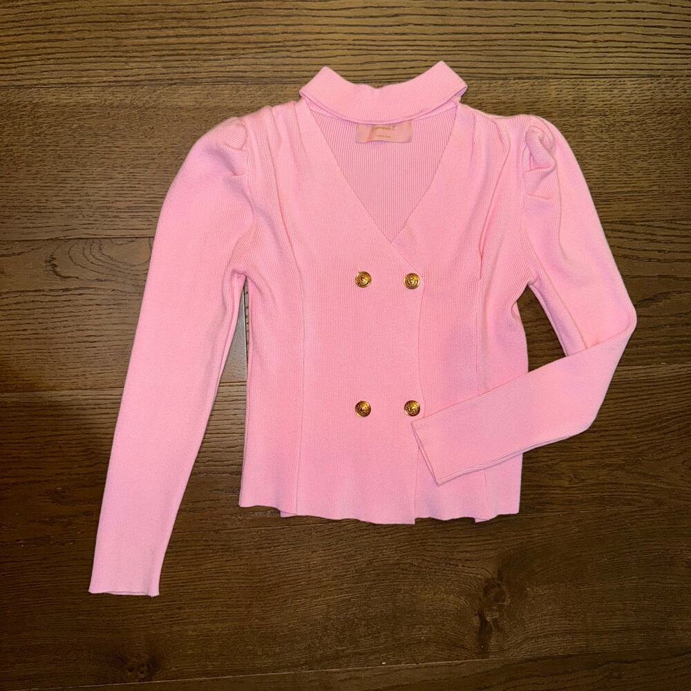 Korean Pink Ribbed V-neck Sweater Button-up Cardigan Wool w/ Puff Sleeves Small